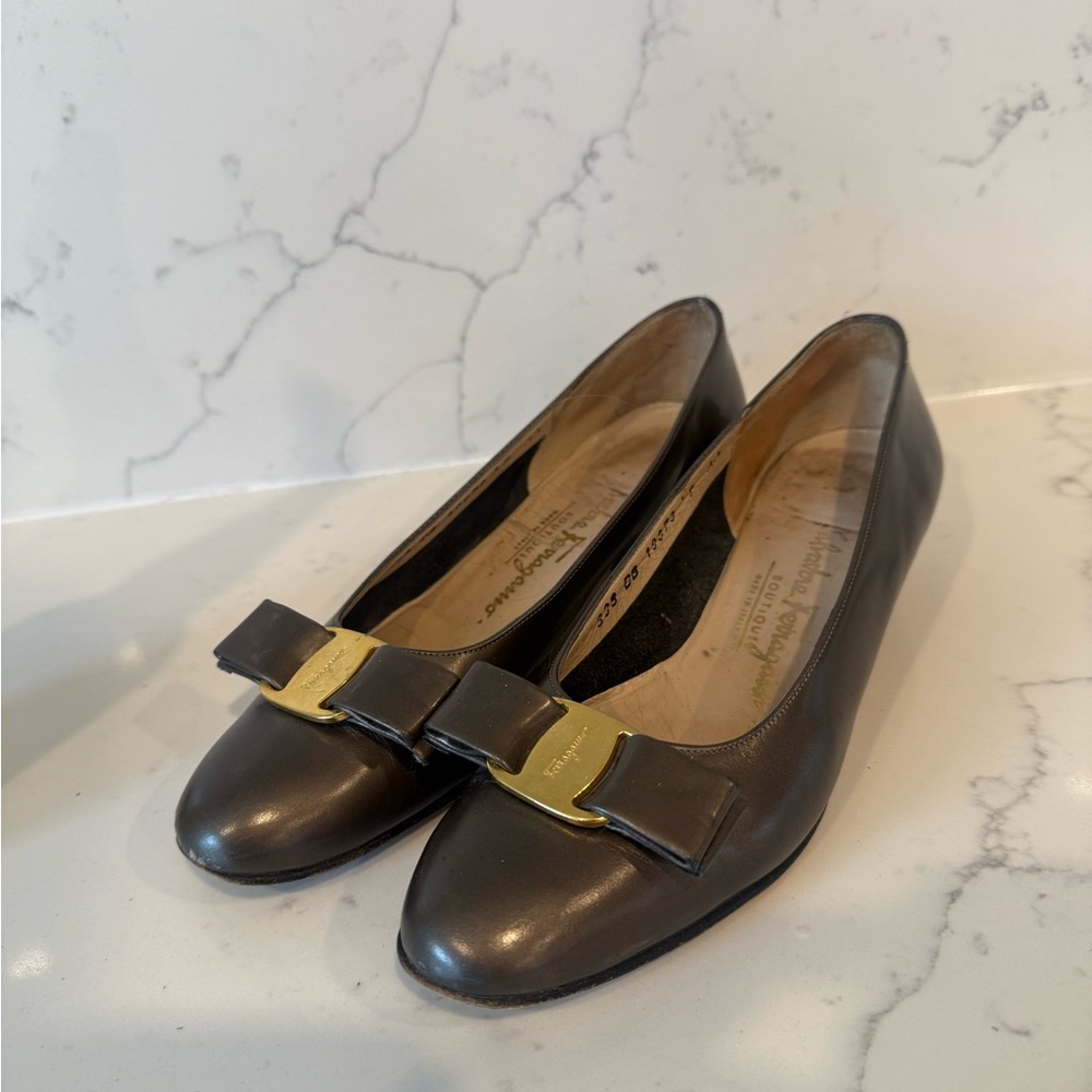 Salvatore Ferragamo Brown Leather Flats with Gold Bow